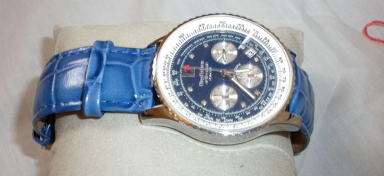 Krug Baumen Mens Air Traveller Diamond Silver – Blue Leather Watch with box