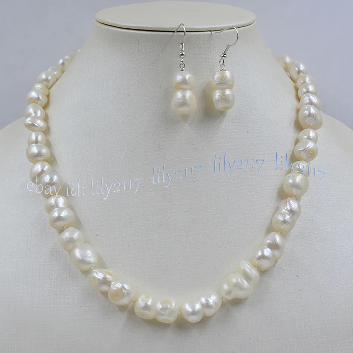 Rare Natural White Freshwater Baroque Double Pearl Necklace Earring Set 14-48 in
