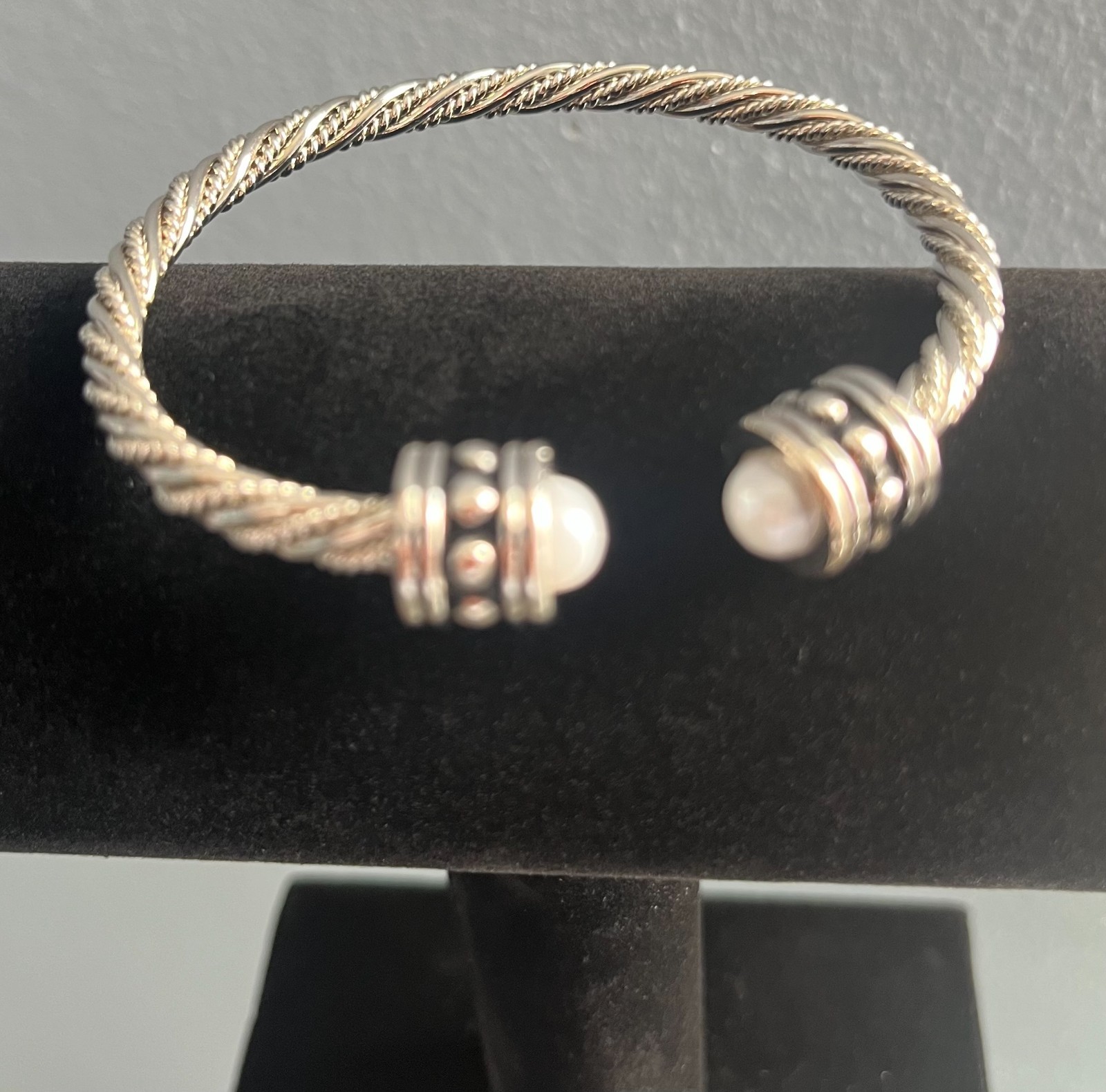 Two Tone Cable Twist Cuff Bracelet with Pearls Fashion Jewelry