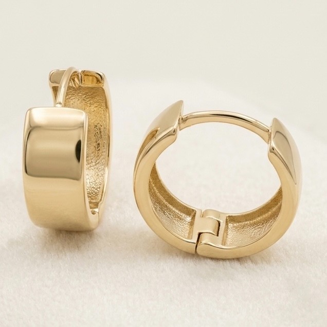 10K Yellow Gold Wide Huggie Hoop Earrings 13mm x 5mm High Polish Clicker
