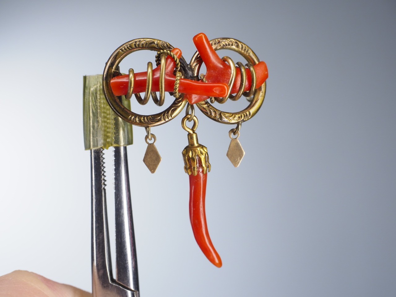 Antique double love knot brooch coral branch pin with dangles C-clasp jewelry