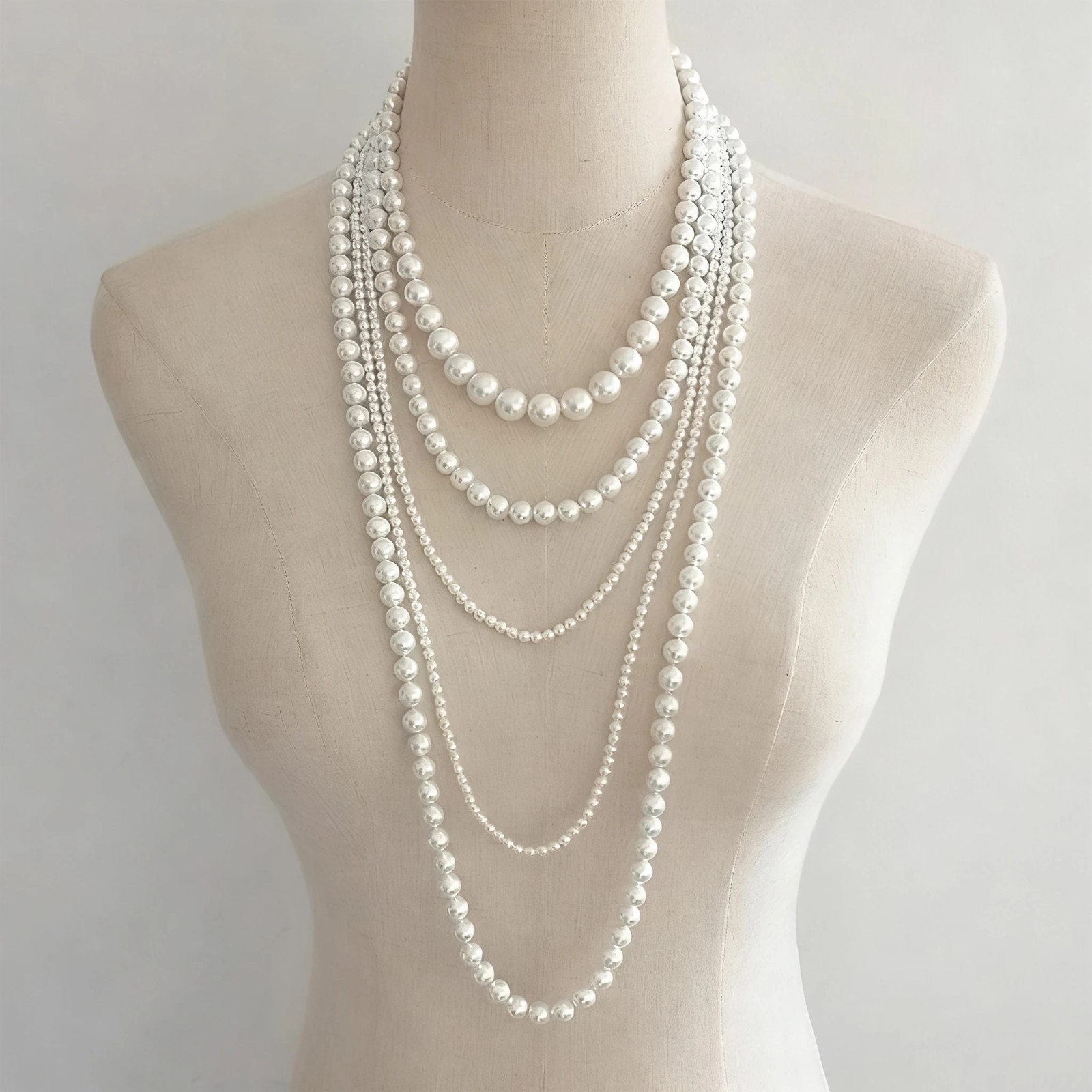 Multi Layer White Faux Pearl Statement Necklace Long Beaded Strand Wedding