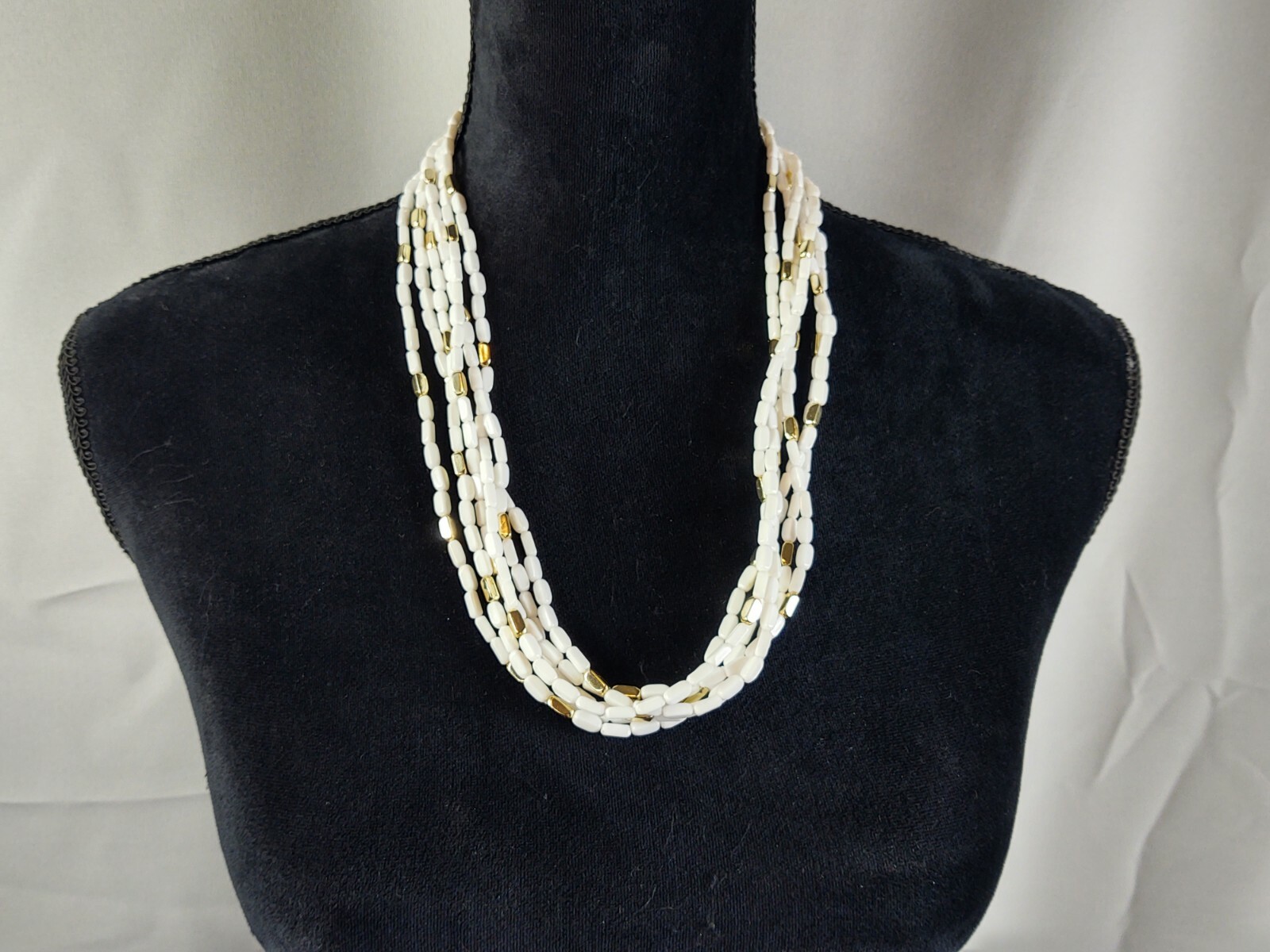 Vintage 6 Strand White & Gold Tone Bead Necklace Women’s Costume Jewelry
