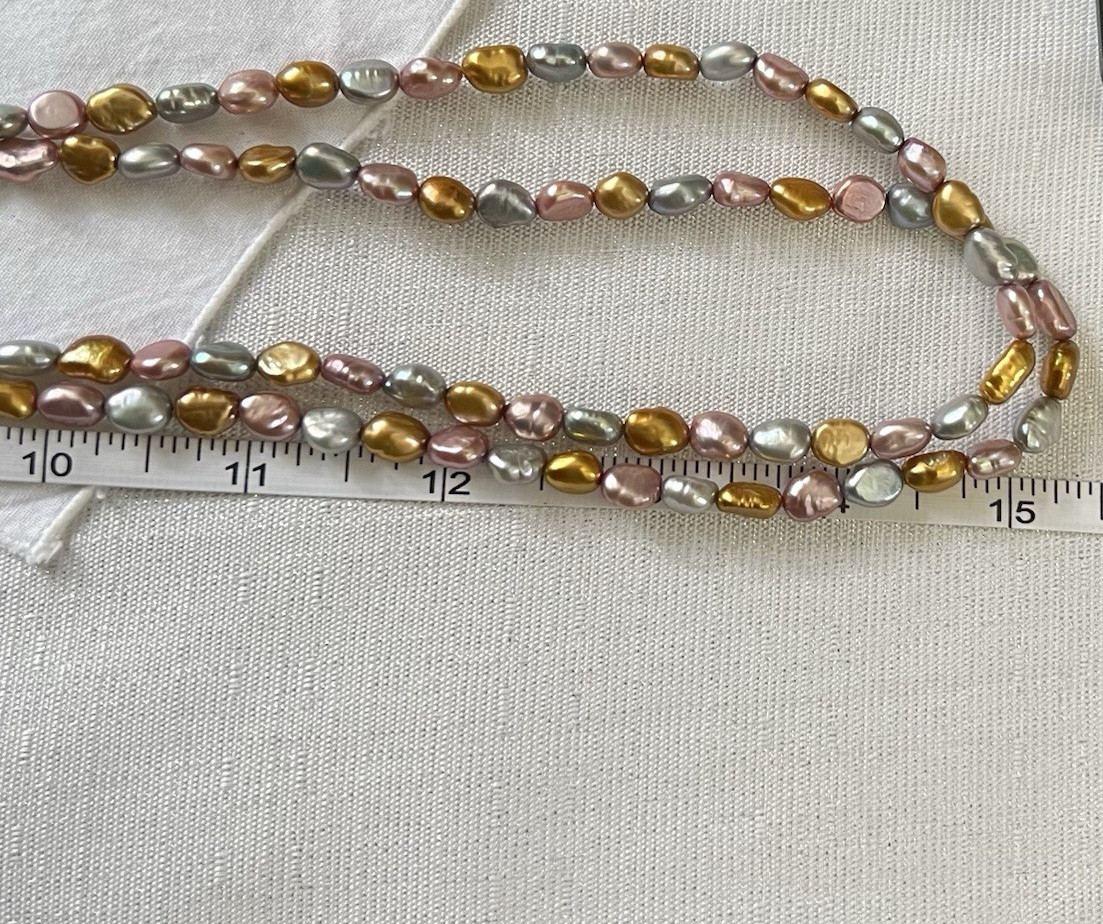 Estate Dyed Pink Grey Gold Freshwater Pearl Flapper Length Necklace, 62”