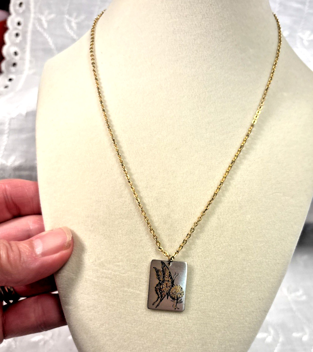 Vtg REED & BARTON Damascene Square Monarch BUTTERFLY PENDANT Necklace