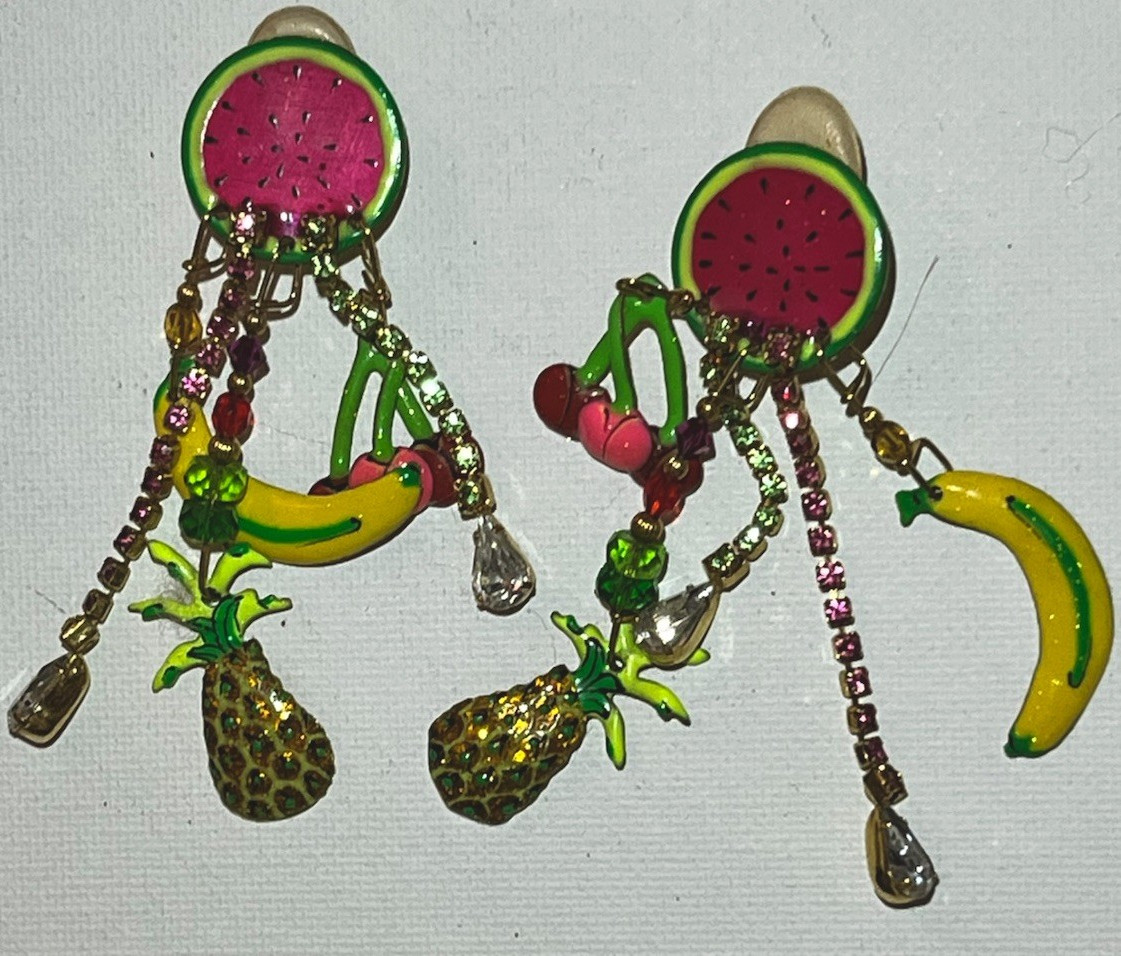 Lunch at The Ritz Fruit Cocktail Clip-On Dangle Earrings tropical fruit Resin