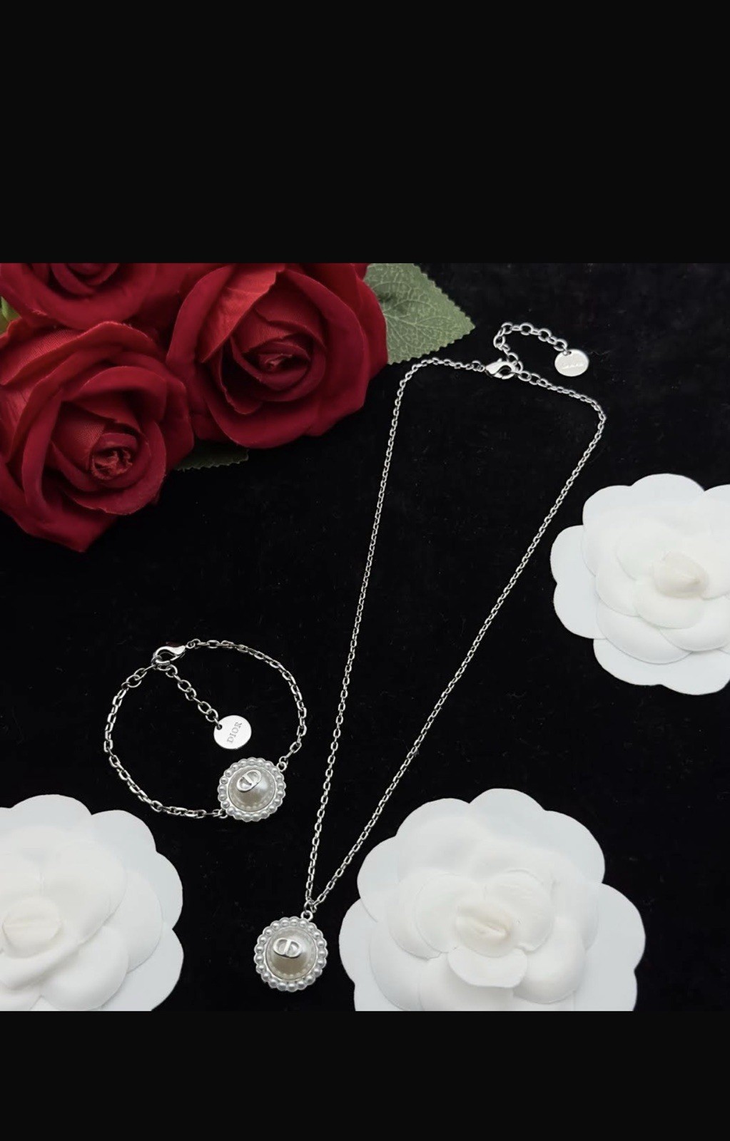 Silver Tone Faux Pearl Cable Chain Necklace Logo Charm Crystal Lobster Clasp