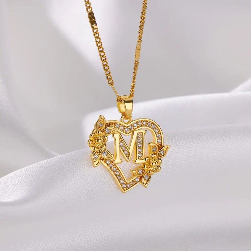 Heart Initial Letter Necklace A-Z Gold Stainless Steel Alphabet Pendant Gift