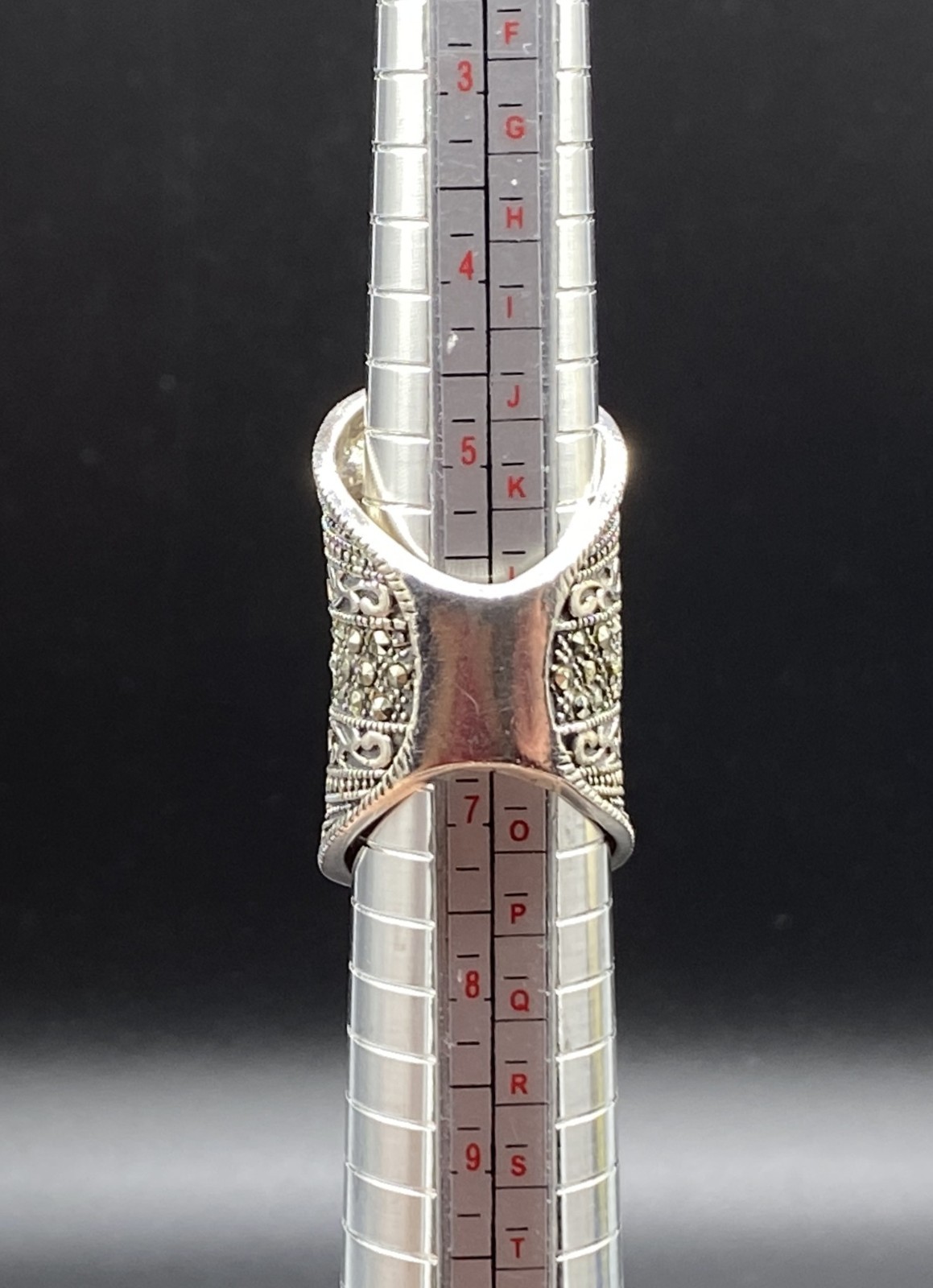 DESIGNER-Sterling Bali Style Tall Concave Marcasite Dotted Scroll Ring-SIZE 6
