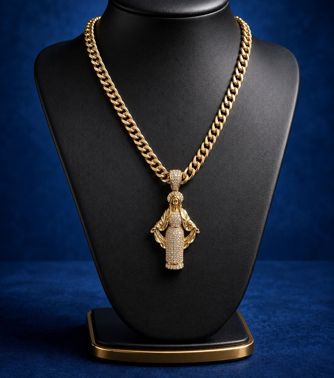 Gold plated none tarnishedCuban Link Chain Religious Necklace w/ Rhinestone