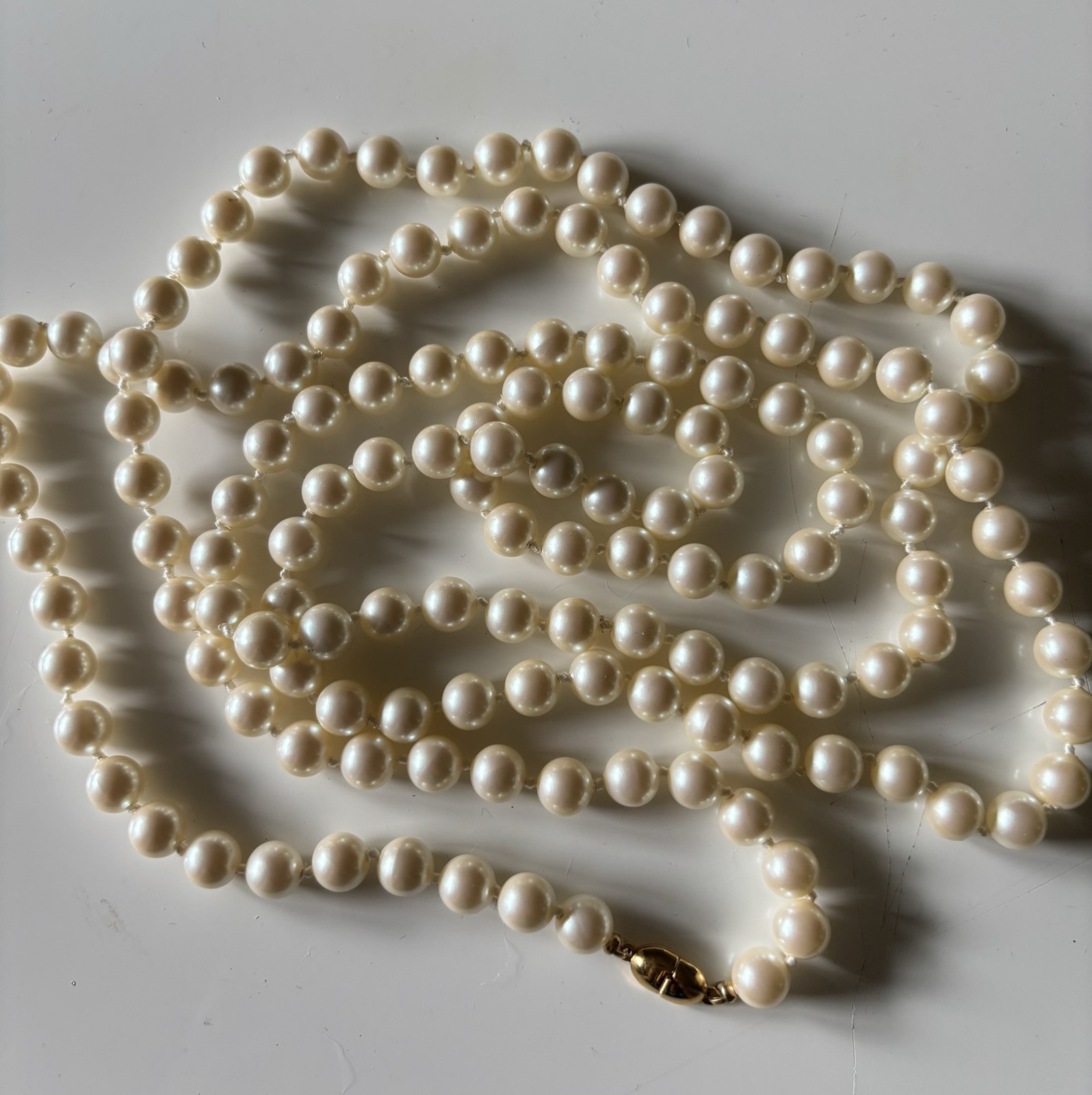 Vintage Monet 52” Faux Pearl Necklace Extra Long Cream Pearls Gold Tone Clasp