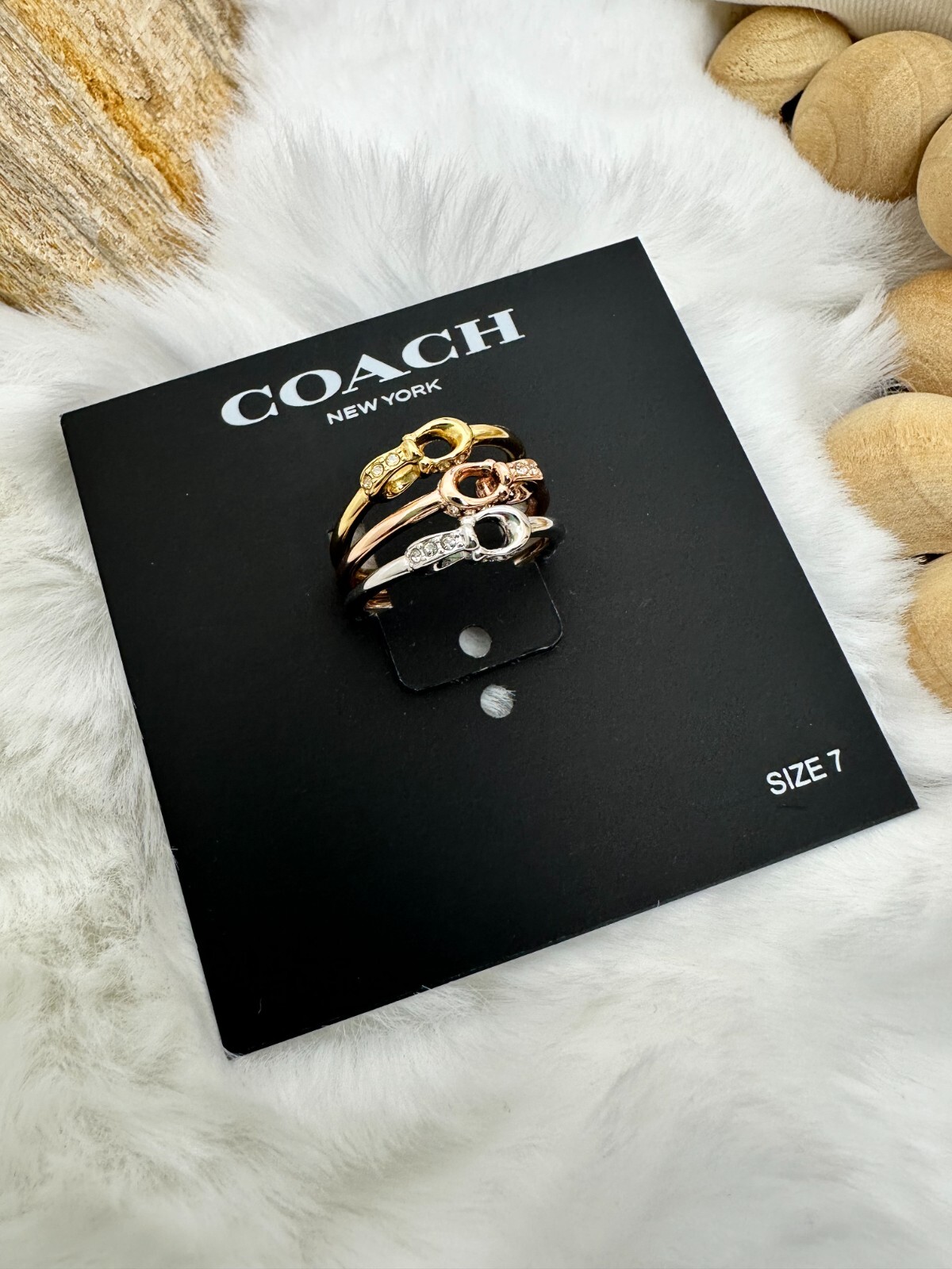 Coach Interlocking C Pavé Ring Set Size 7 Tri Tone Gold Silver Rose Gold