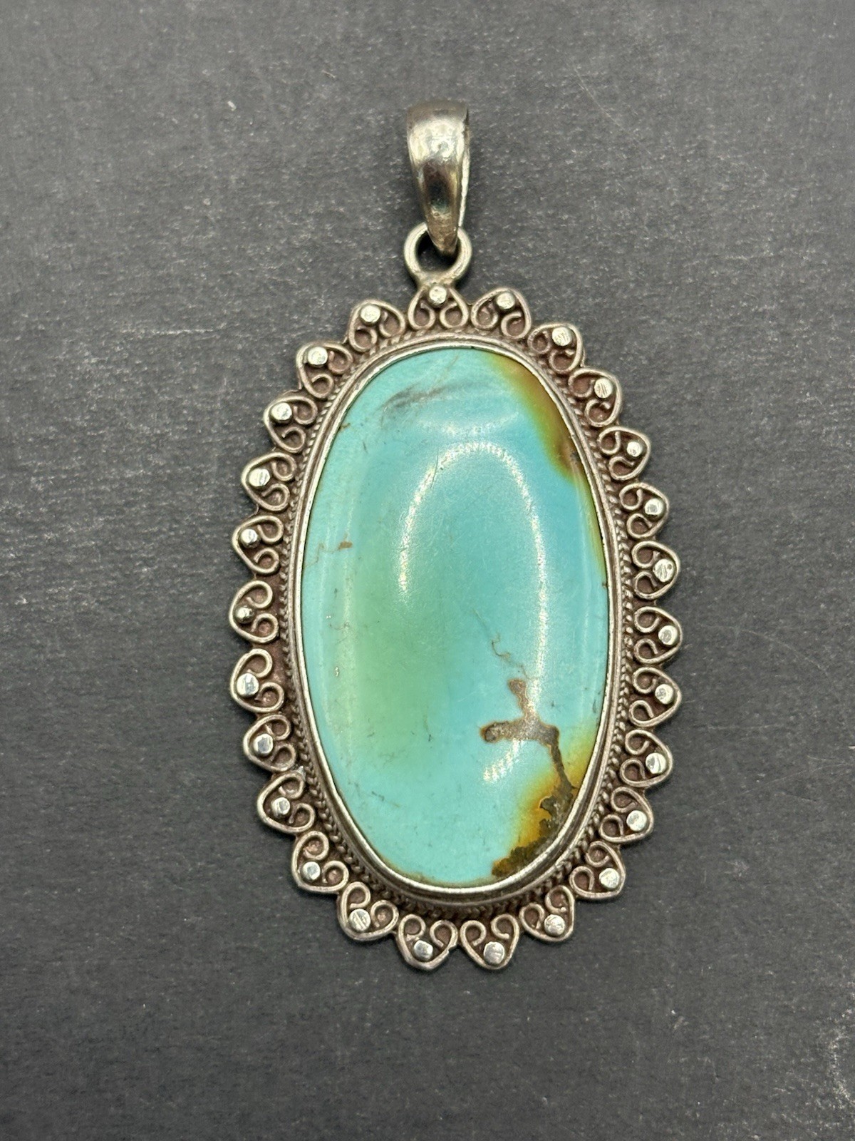 Vintage Sterling Silver 45×36 Turquoise Pendant 925 10 Grams G27