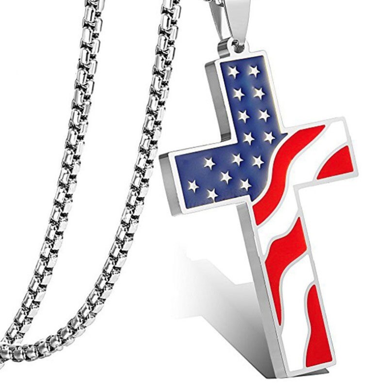 Silver Mens American Flag Cross Pendant Necklace Religious Christian Chain 24″