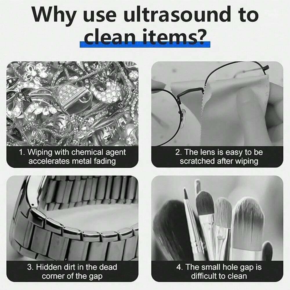 New Ultrasonic Jewelry Cleaner Machine 3 Mode Glasses Ring Earring Cleaner