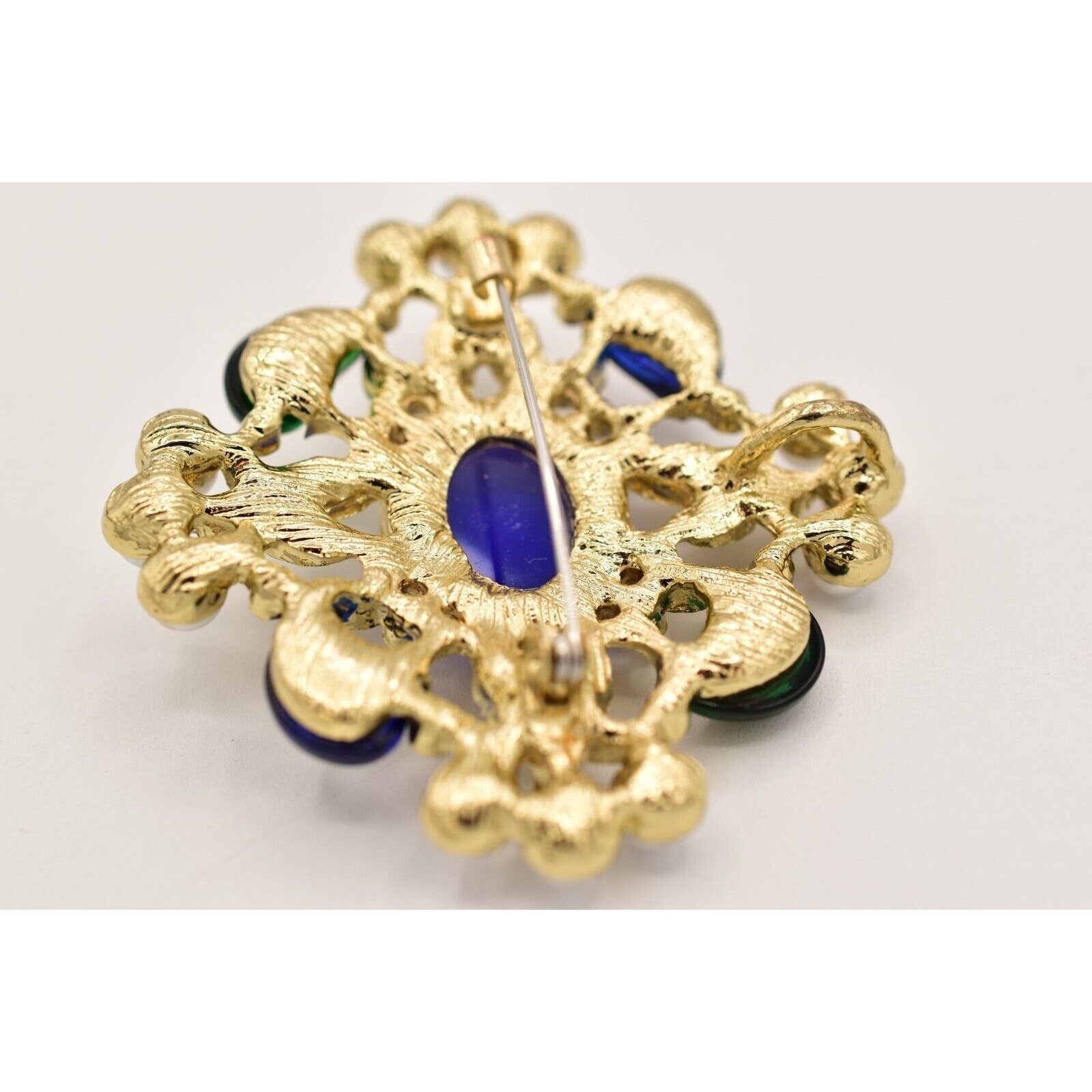 Vintage Cabochon Brooch Pin Faux Pearl White Blue Green Gold Chunky 1990s BinBG