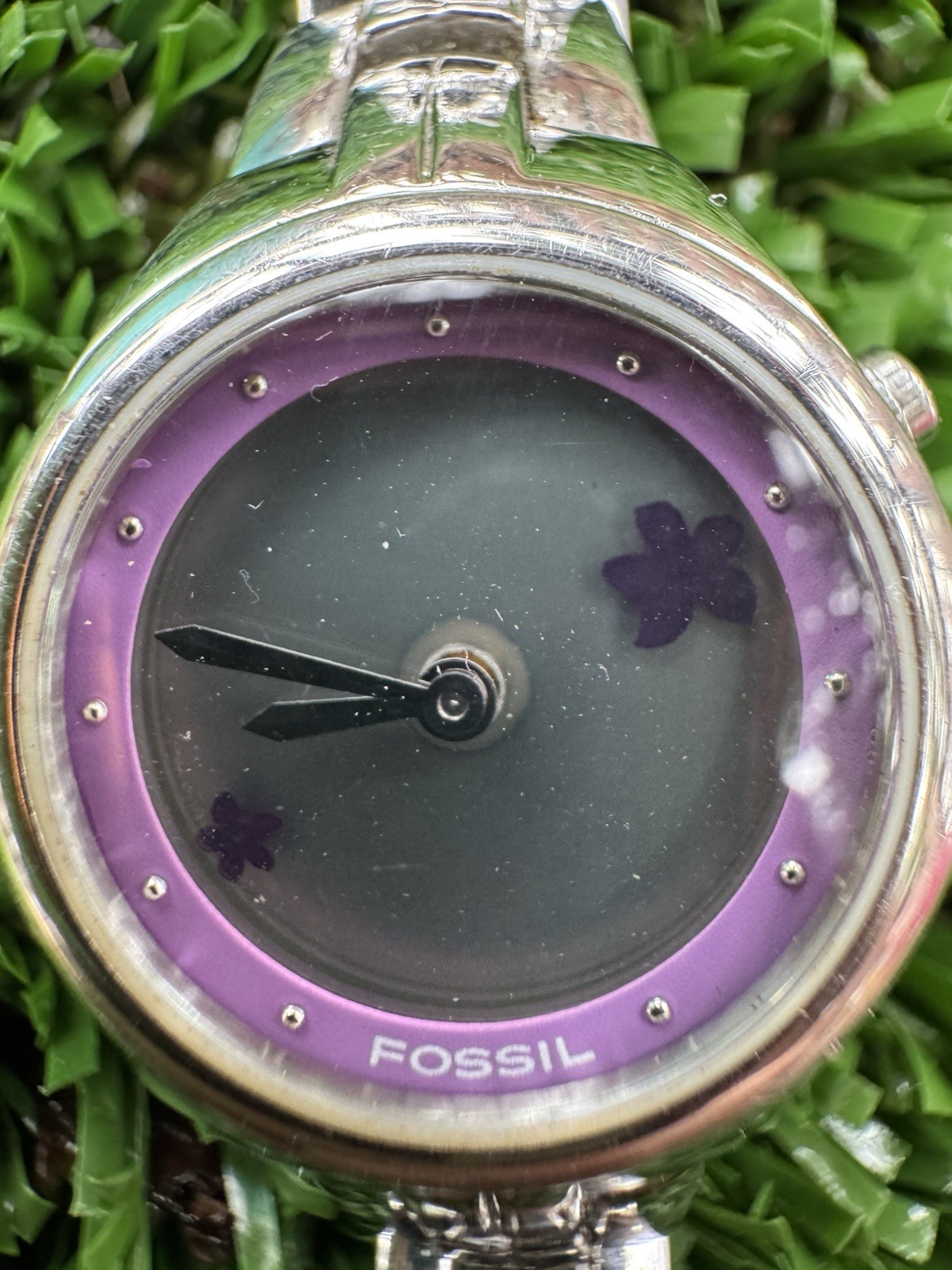 Fossil Ladies Watch Purple Bezel Flower Dial AS-IS Missing Case Back Repair