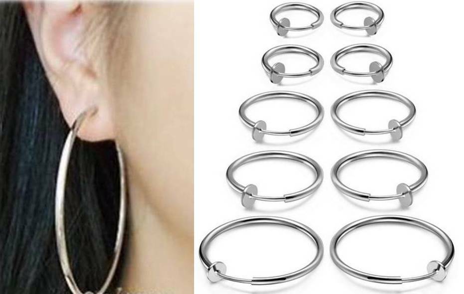 1 Pair Spring ClipOn Hoop Earrings Silvertone Small:1/2″,13mm to XL:2 5/16″,60mm