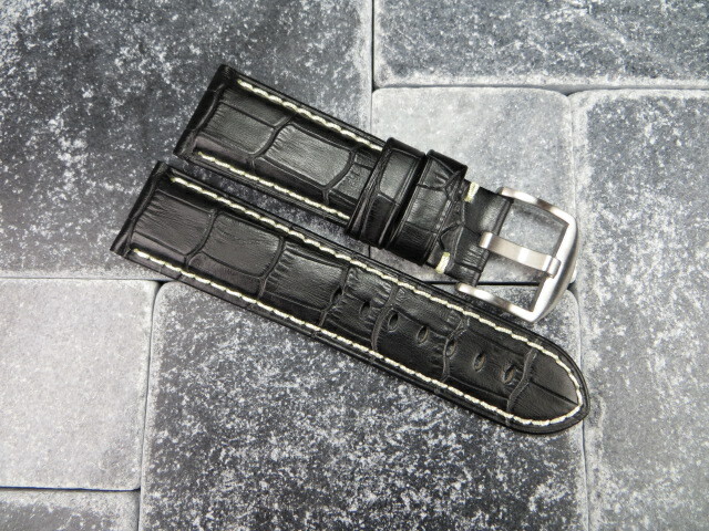 New 22mm Leather Watch Band Black Tang Tongue Strap for fits PANERAI White