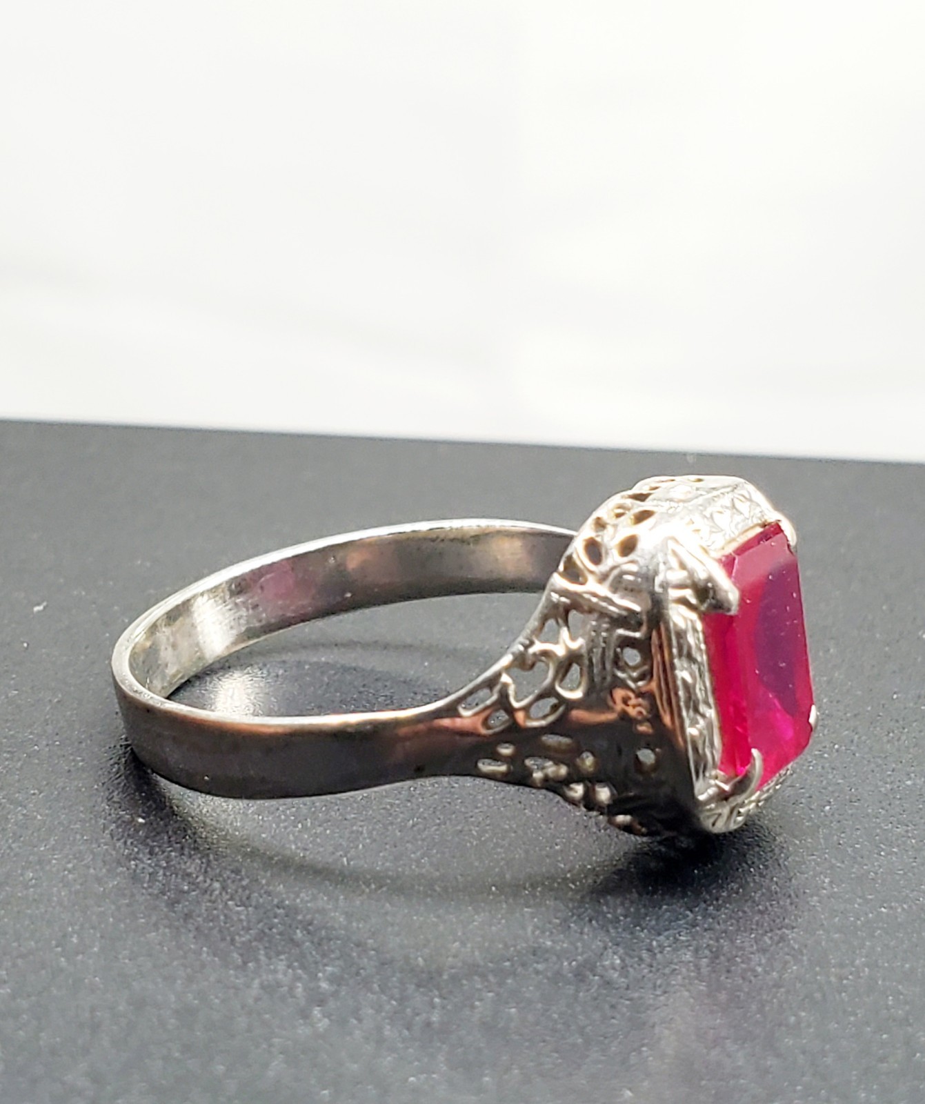 Antique Art Deco 14K White Gold Ruby Ring Victorian Size 7.75 | 2.29g