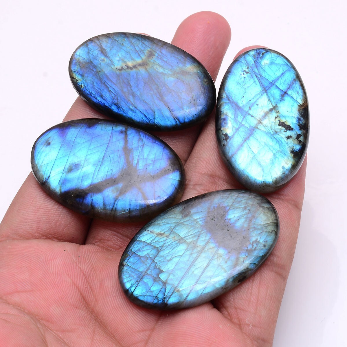 4 Pcs Natural Labradorite Blue Shine 44mm-47mm Oval Pendant Size Gemstones Lot