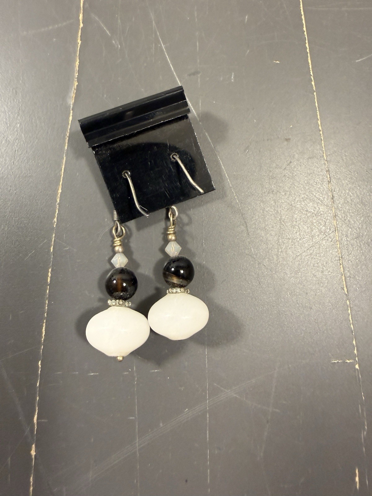 Handmade Frosted Glass & Black Artisan Bead Dangle Earrings Silver Tone USA