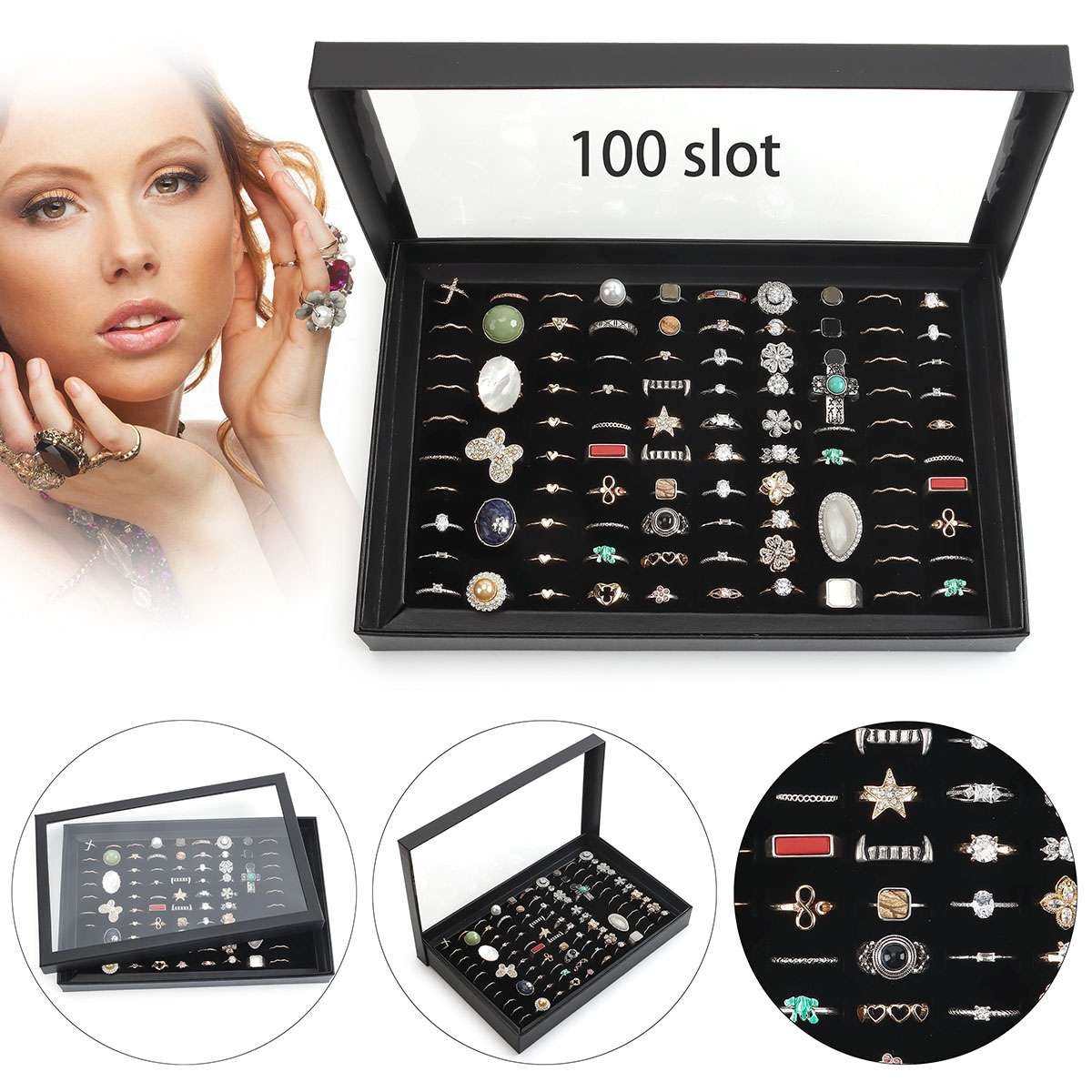 2Pc 100Slots Jewelry Ring Display Organizer Case Tray Holder Earring Storage Box