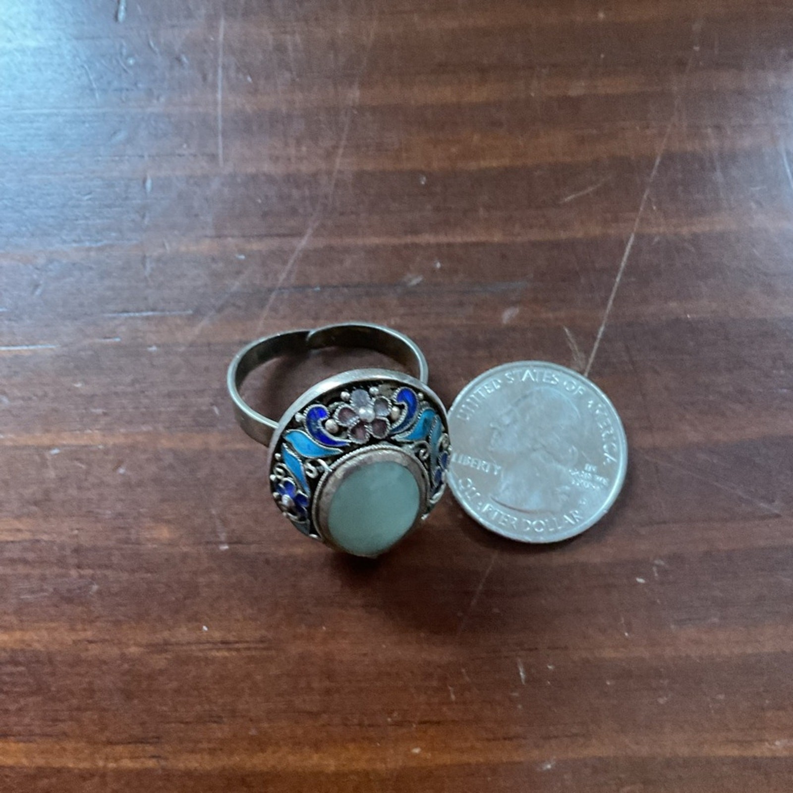 Vintage Chinese Export Jade Enamel Floral Adjustable Ring