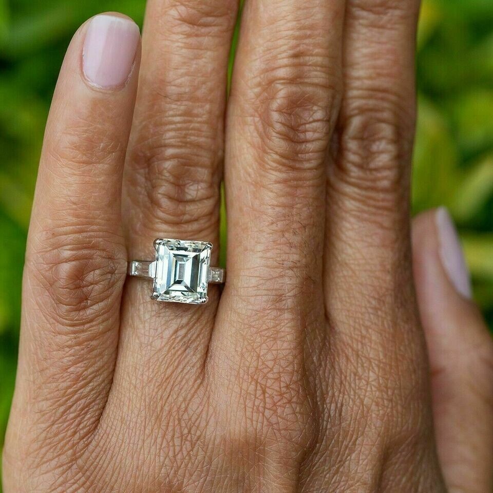 3Ct Emerald Cut Lab Created Diamond Womens Engagement Ring 14K White Gold Plated