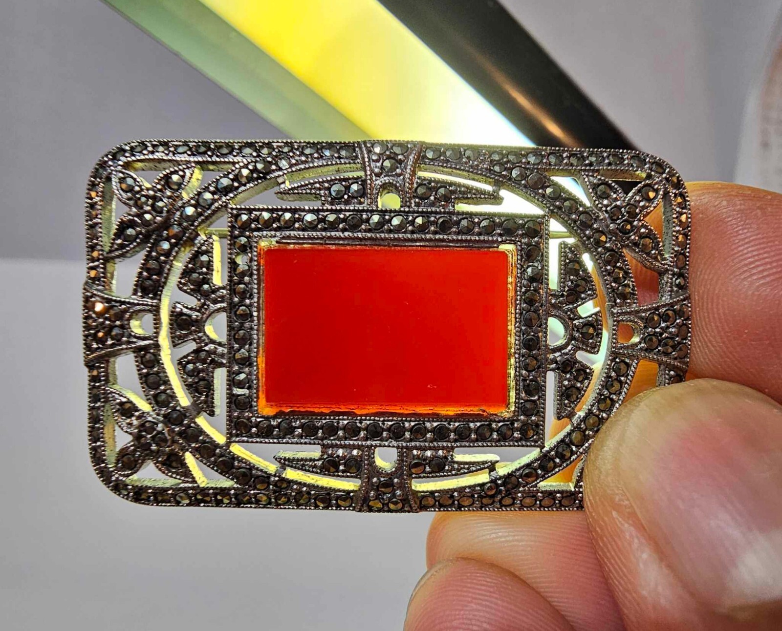 Vtg Art Deco Sterling Silver w Carnelian & Marcasite Rectangular Brooch Pin- S29