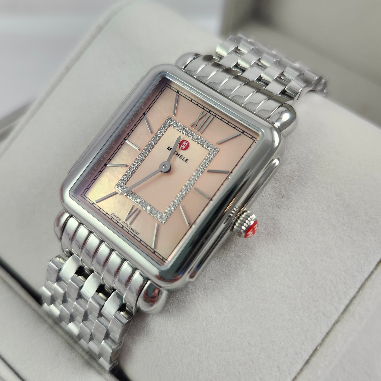 NEW Michele Deco II Silver & Diamond Pink Blush Watch MWW06X000051 NWT + Box
