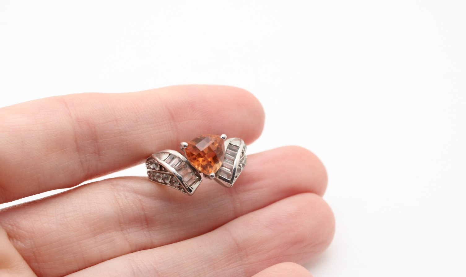 925 Sterling Silver Trillion Spessartine Garnet White Topaz Cluster Ring Sz 6