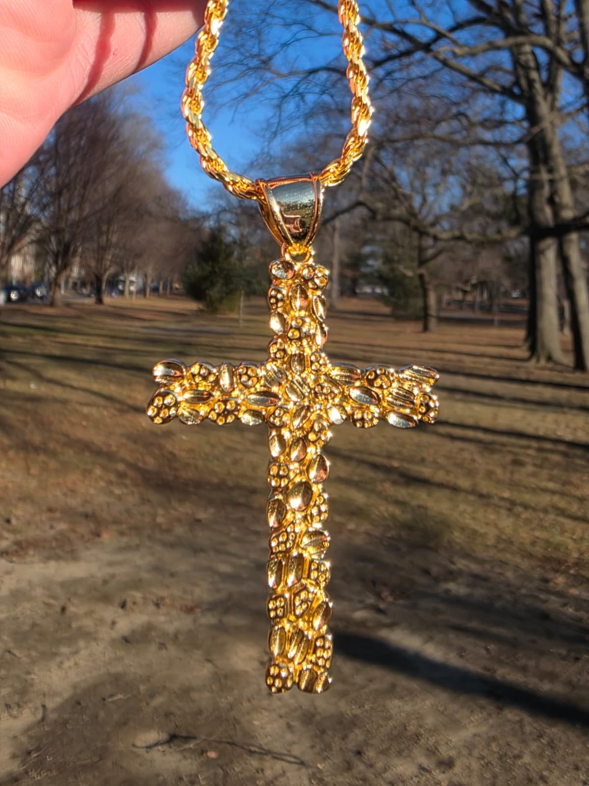 Men’s Large Gold Nugget Cross Solid 925 Silver 14K Gold Plated Necklace