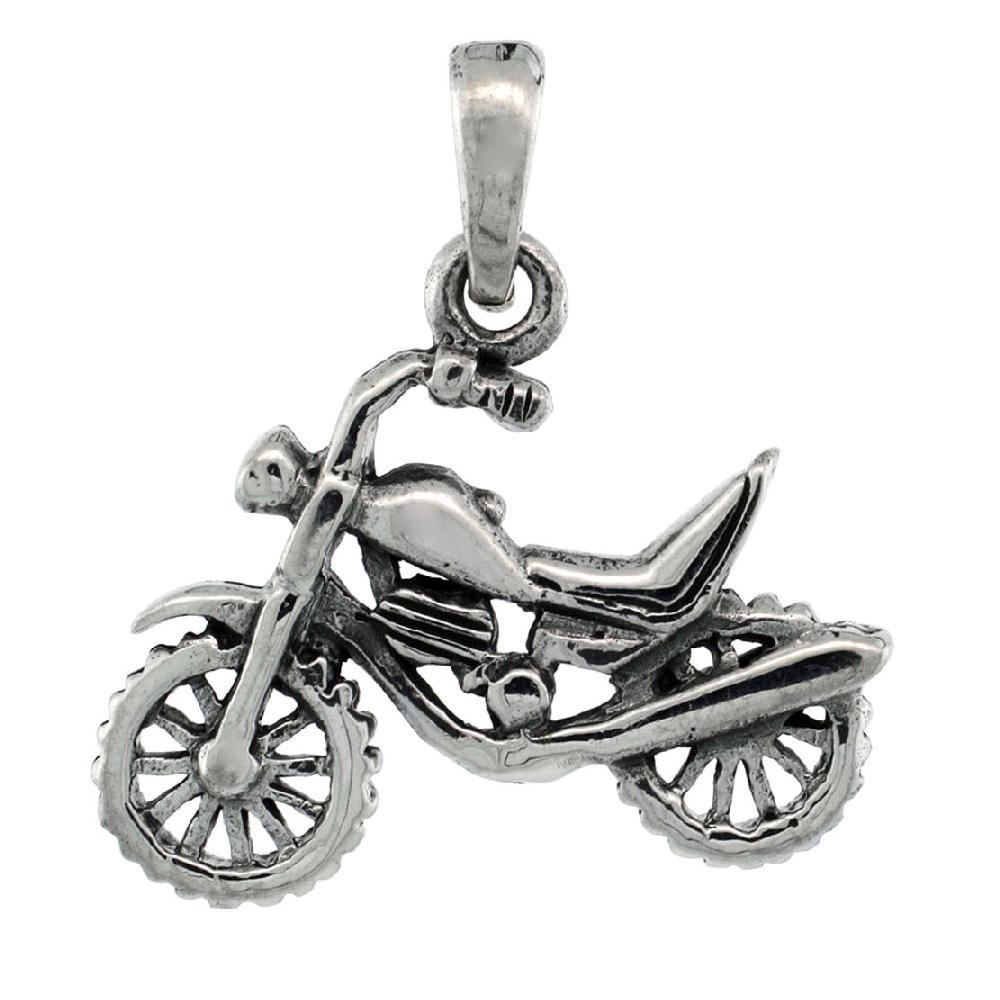 Sterling Silver Dirt Bike Motorcycle 3D Pendant / Charm, Italian Box Chain