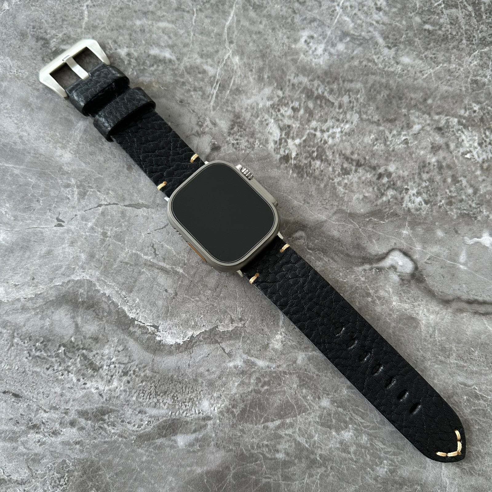 Thick Lychee Dark Black Leather Watch Strap Band For Apple Watch Ultra 1 2 49mm