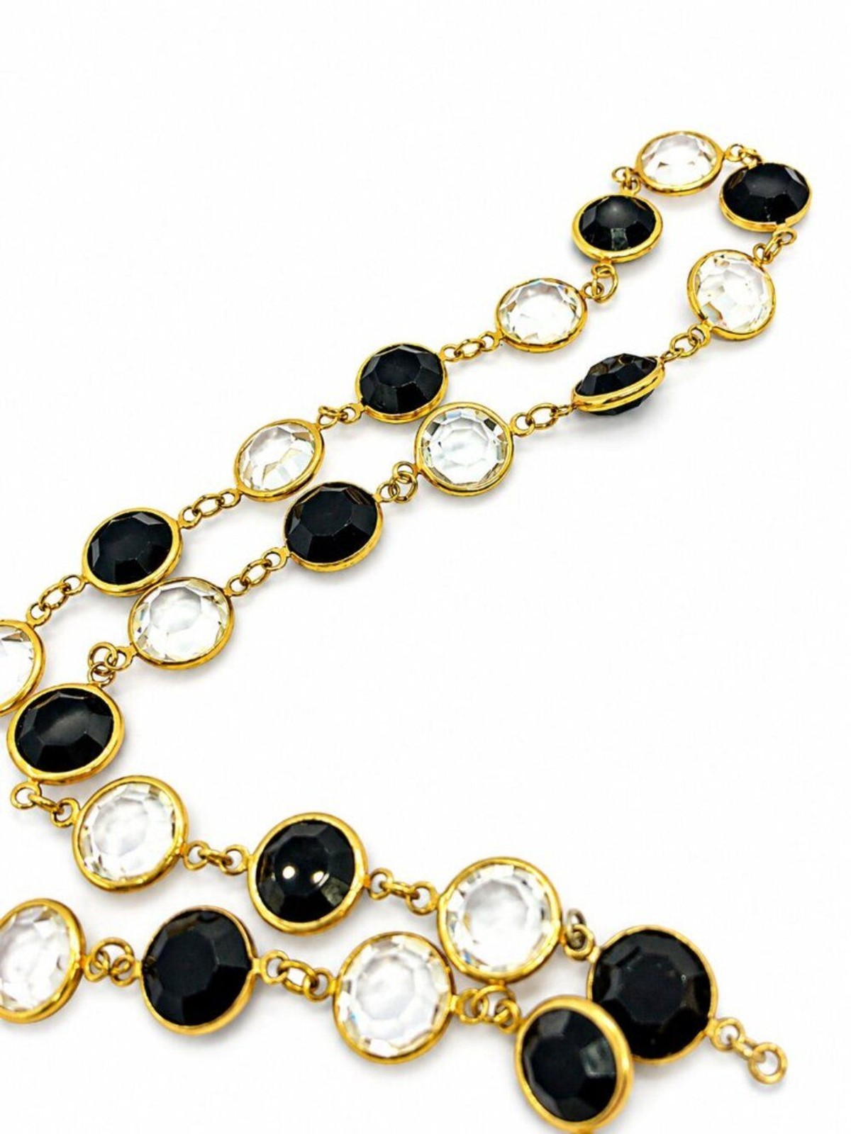 VINTAGE CRYSTAL NECKLACE Open Bezel Black Clear Glass Gold Tone 28″ Long