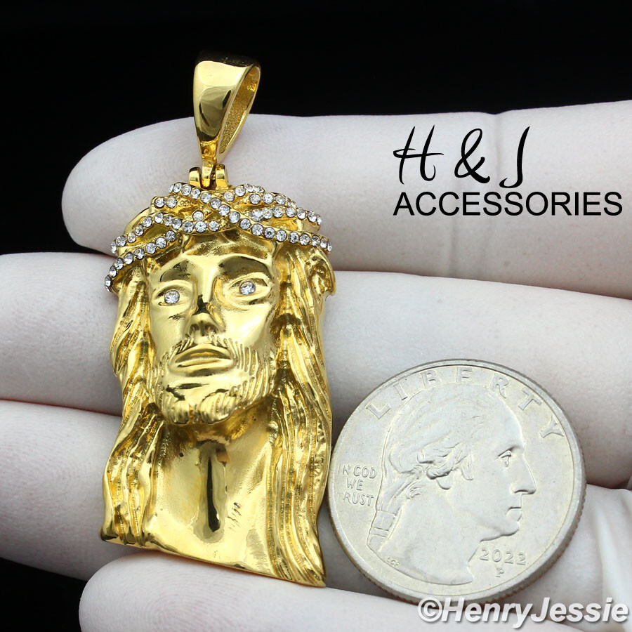 MEN’s Stainless Steel ICY Bling CZ Gold Plated 3D JESUS Head Pendant*AGP133