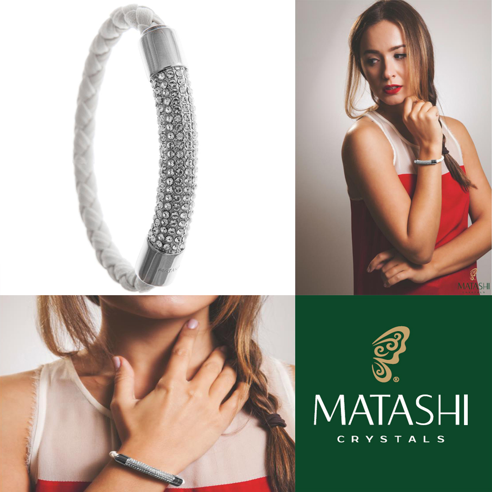 18K White Gold Plated Bracelet w/ White Corded Band & Crystals by Matashi