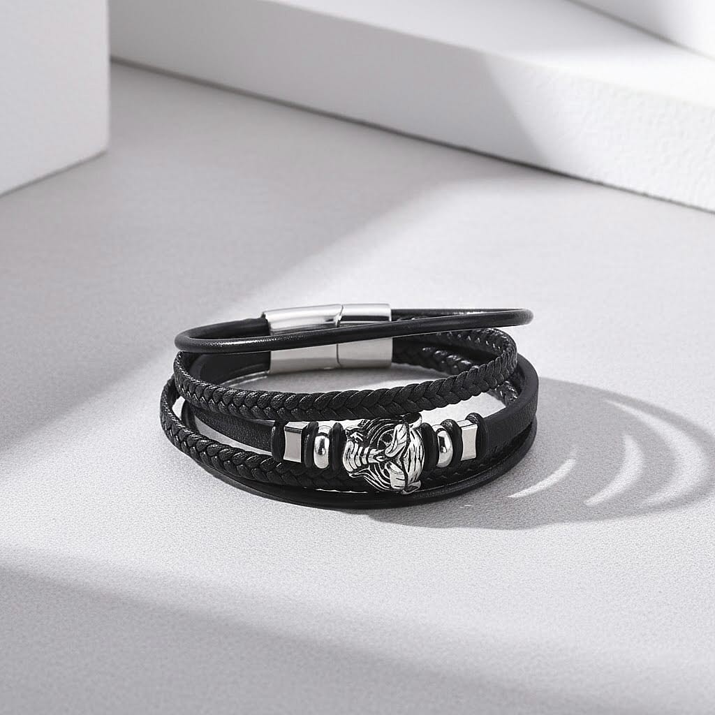 Braided Microfiber Leather Tiger Head Bracelet in Stainless Steel 8.00 In
