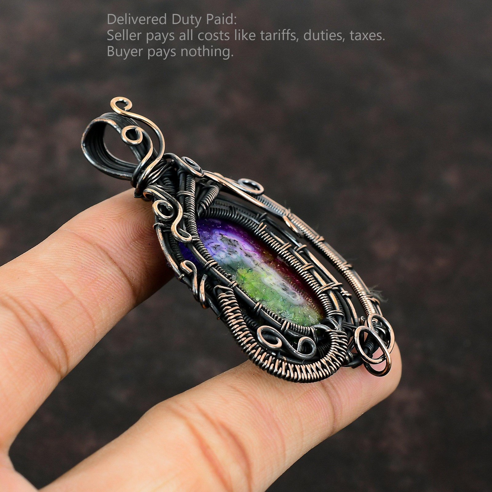 Rainbow Solar Quartz Druzy Gemstone Copper Wire Wrapped Artisan Pendant Jewelry