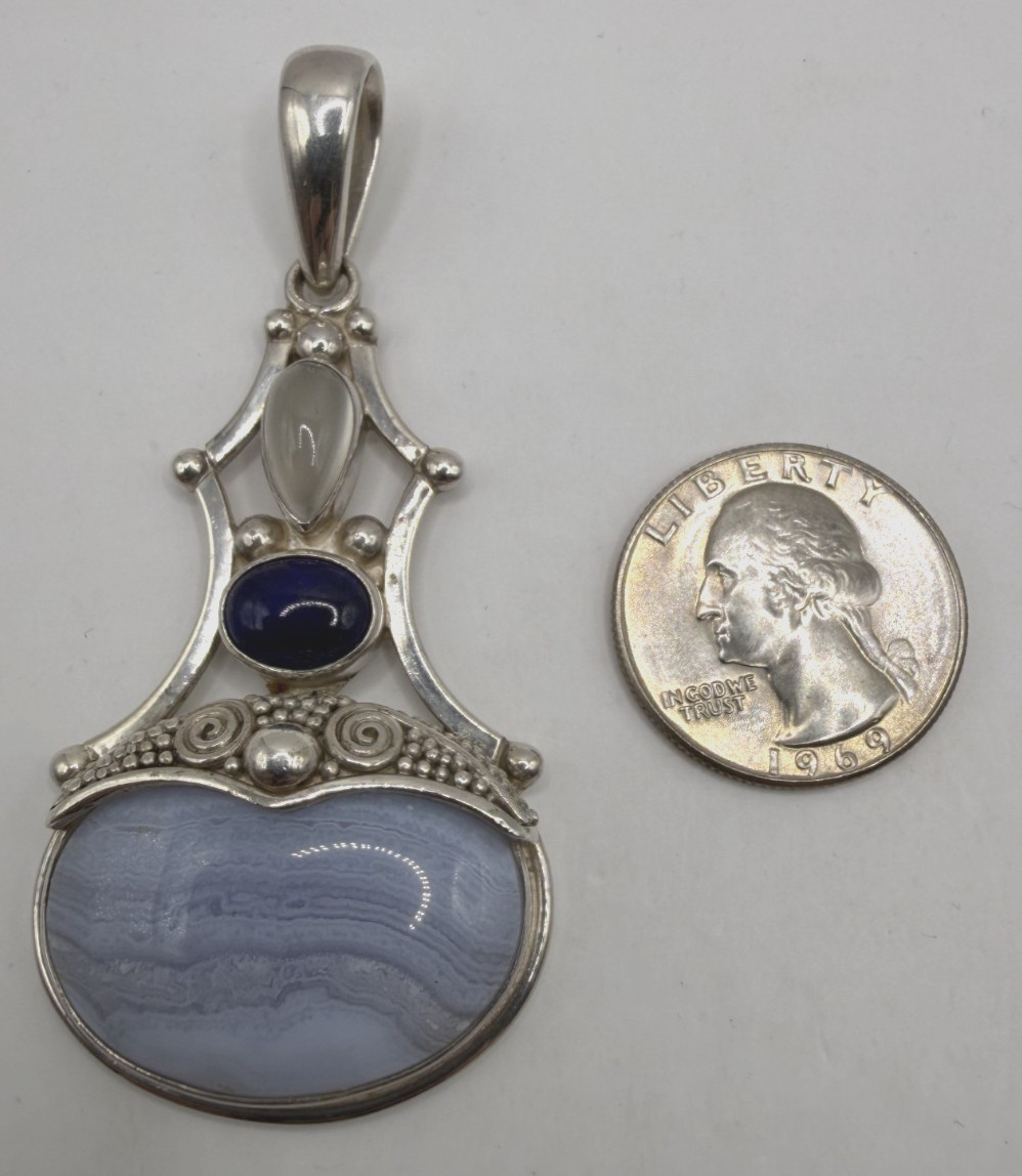 SAJEN Sterling Silver Filigree Blue Lace Agate Oval Drop Pendant [076DUR]