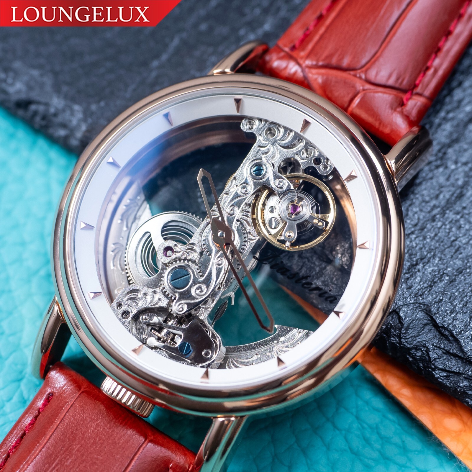 Luxury Skeleton Bridge Automatic Mechanical Watch – Rose Gold White Red Strap