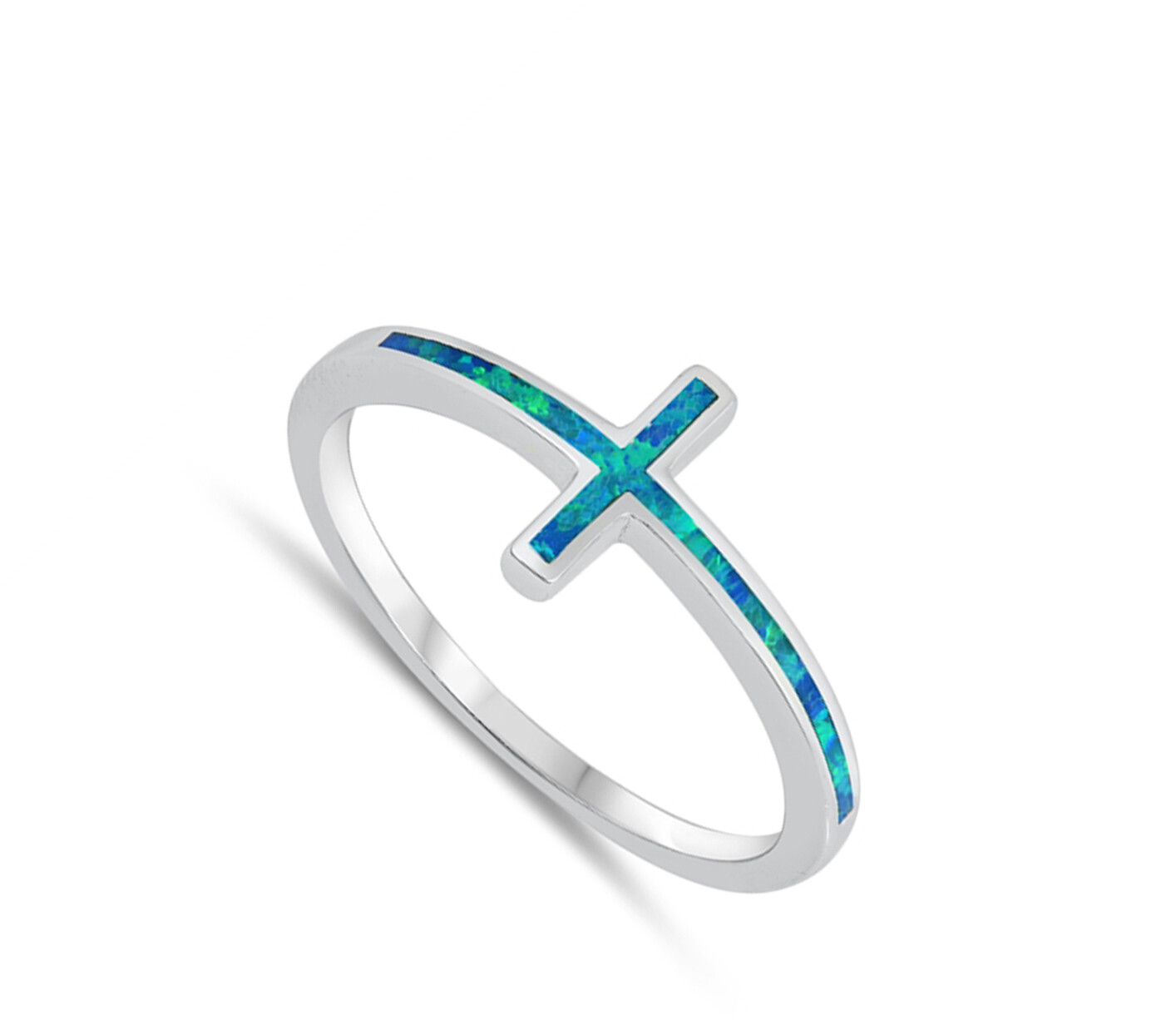 Blue Lab Opal Sideways Cross Christian Ring .925 Sterling Silver Band Sizes 4-10
