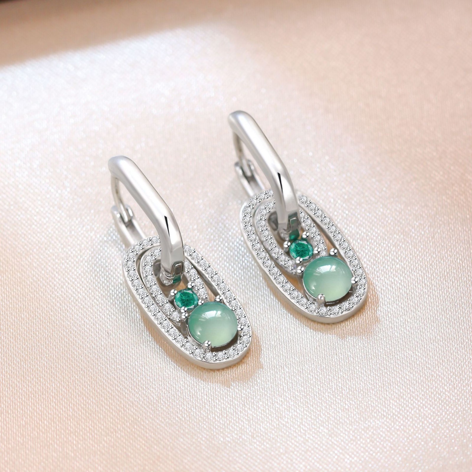 Natural Jadeite Jade Crystal Drop Dangle Earrings Gemstone 18K White Gold Plated