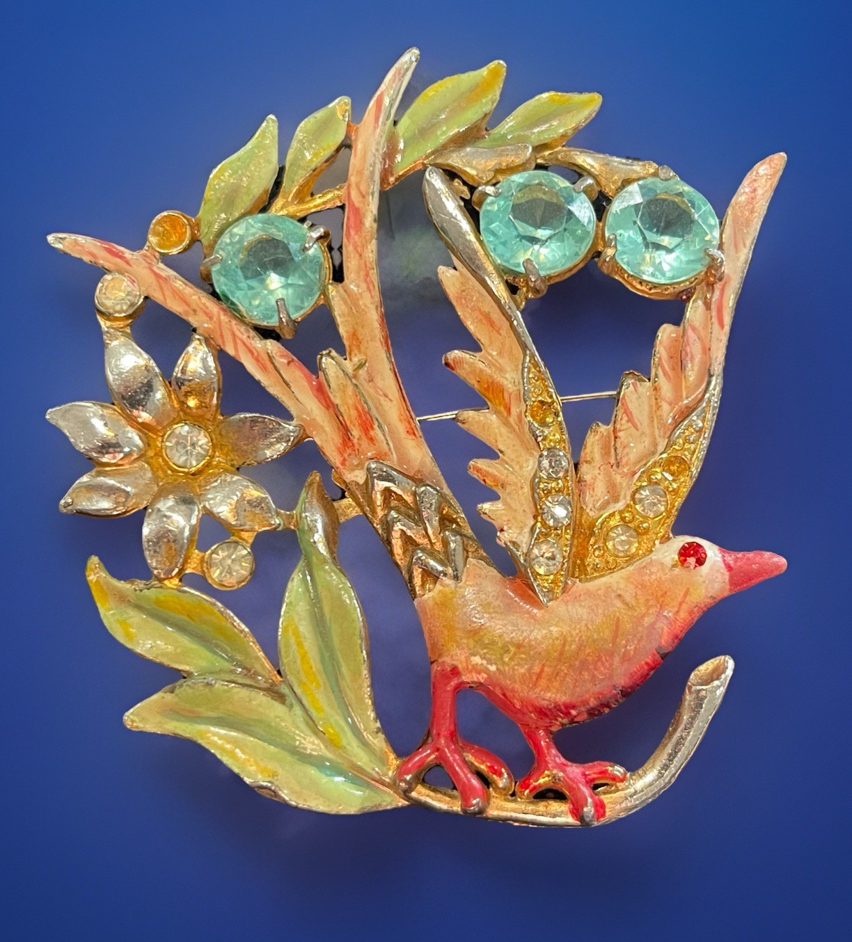 1940s Bird Of Paradise Eden Brooch Pot Metal Enamel Rhinestone Missing 3 Stones