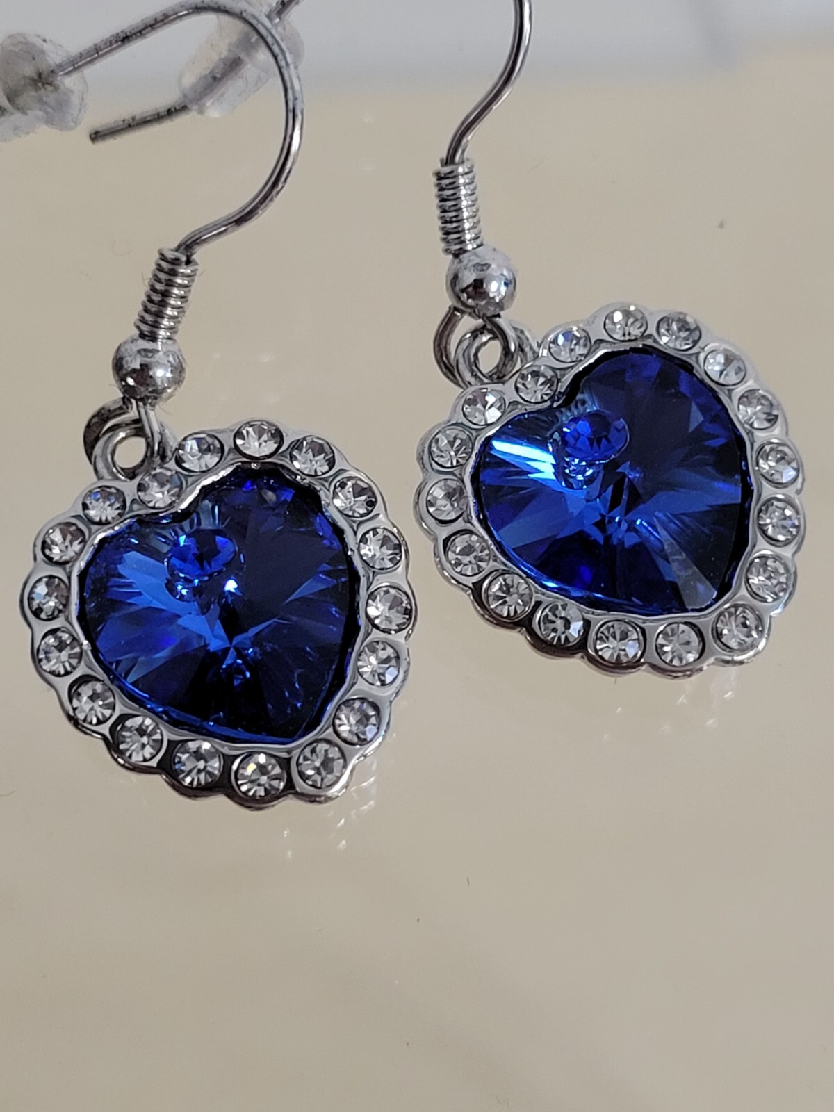 Qianse Blue rhinestone crystal Earrings Heart Blue Clear Silver-tone +box Unused