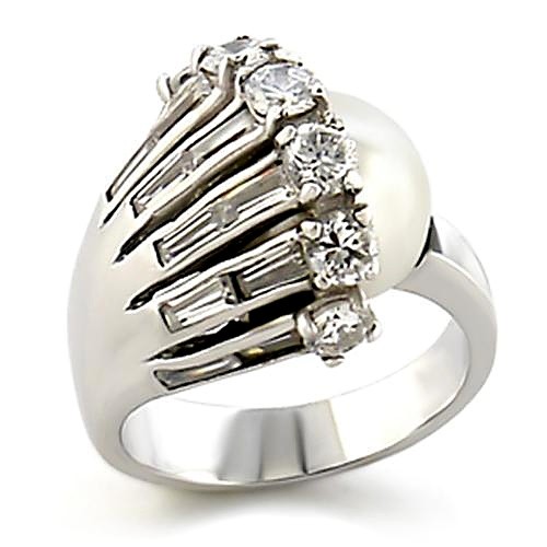 Women’s Ring, White Pearl, Rhodium Plated, Brass, Fashion Ring