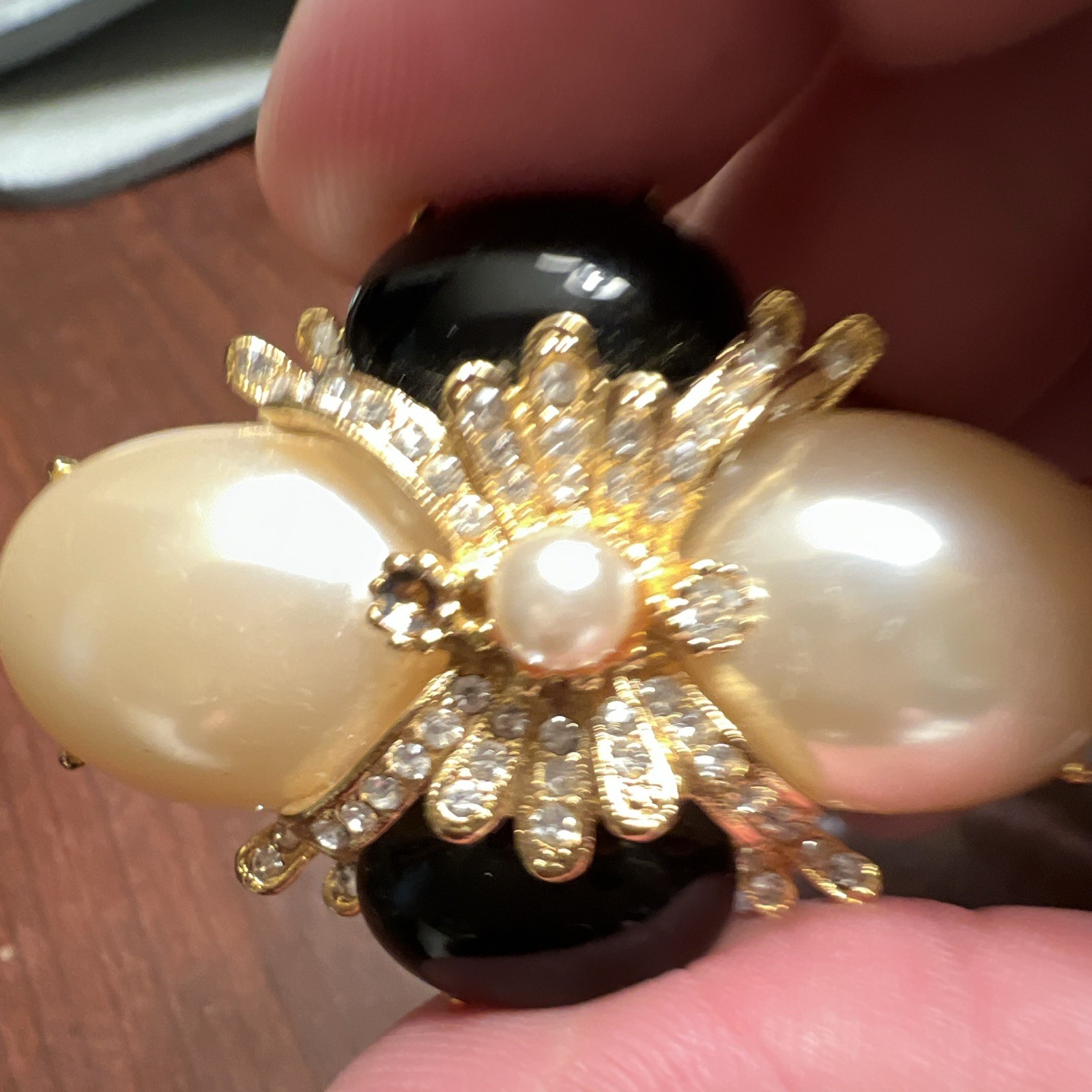 Vintage Signed Joan Rivers Faux Pearl & Black Enamel & Crystal Gold Tone Brooch