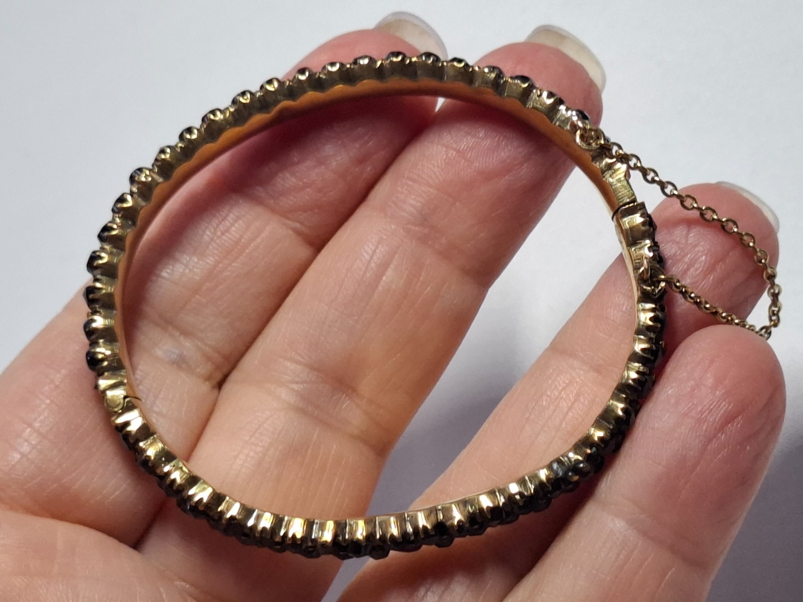 Solid Antique Gold Plated Bangle With Safety Clasp Red Garnets