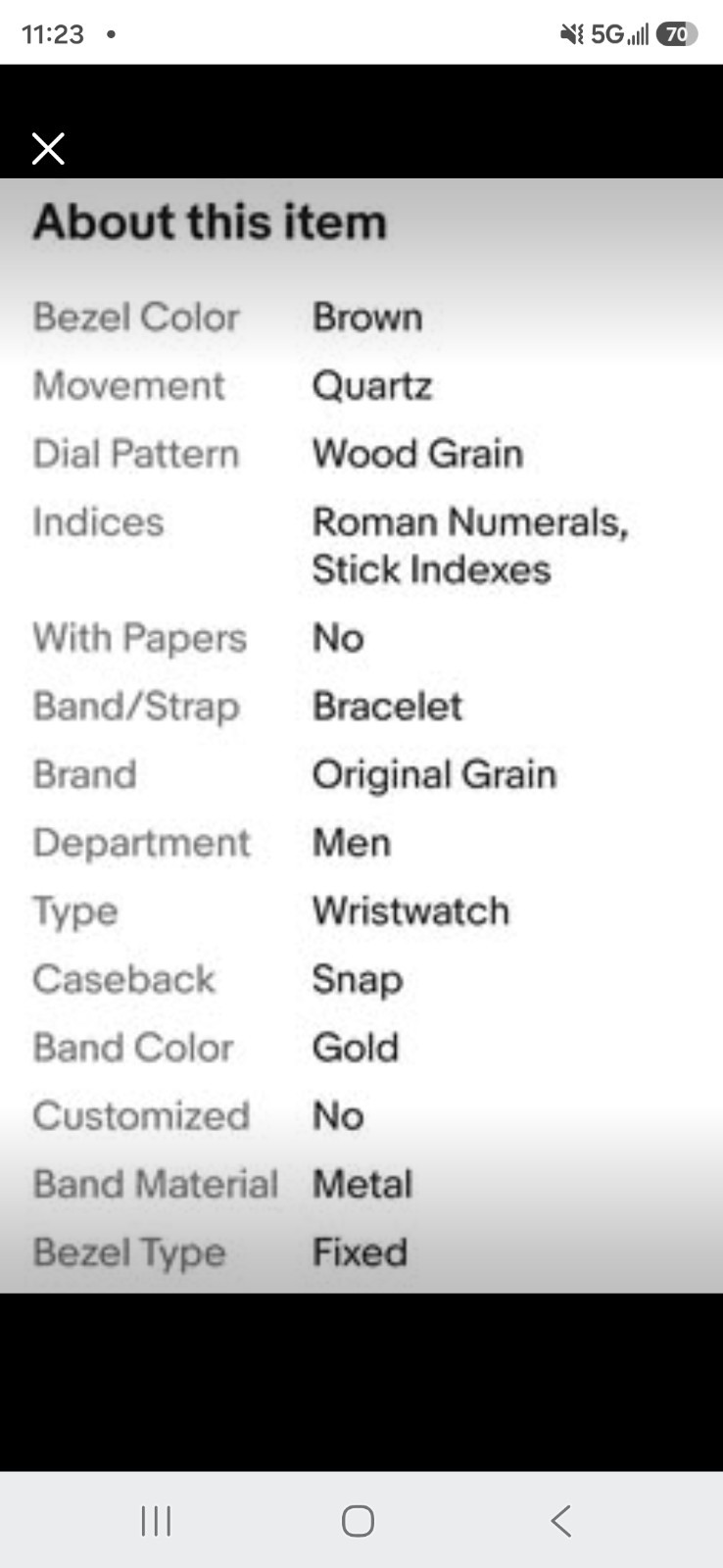 Original Grain Mens Classic Watch Gold Metal Band Wood Grain Dial Brown Bezel